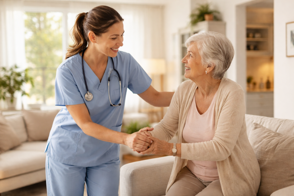 Home Care vs. Home Health Care: A healthcare professional in light blue scrubs warmly assists an elderly woman in a bright, comfortable home setting. They are smiling and making eye contact while holding hands, suggesting a moment of reassurance and support. The scene takes place in a softly lit living room with natural light, neutral tones, and a calm, welcoming atmosphere, illustrating personalized in-home care that blends medical support with compassionate human connection.